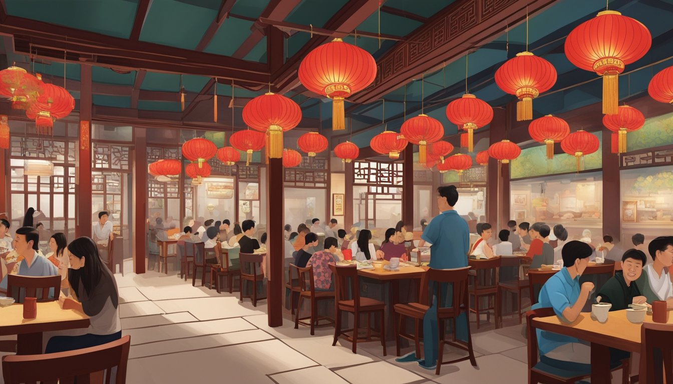 The Tiong Wah restaurant is bustling with customers, with the aroma of traditional Chinese cuisine filling the air. Red lanterns hang from the ceiling, adding to the cultural significance of the space