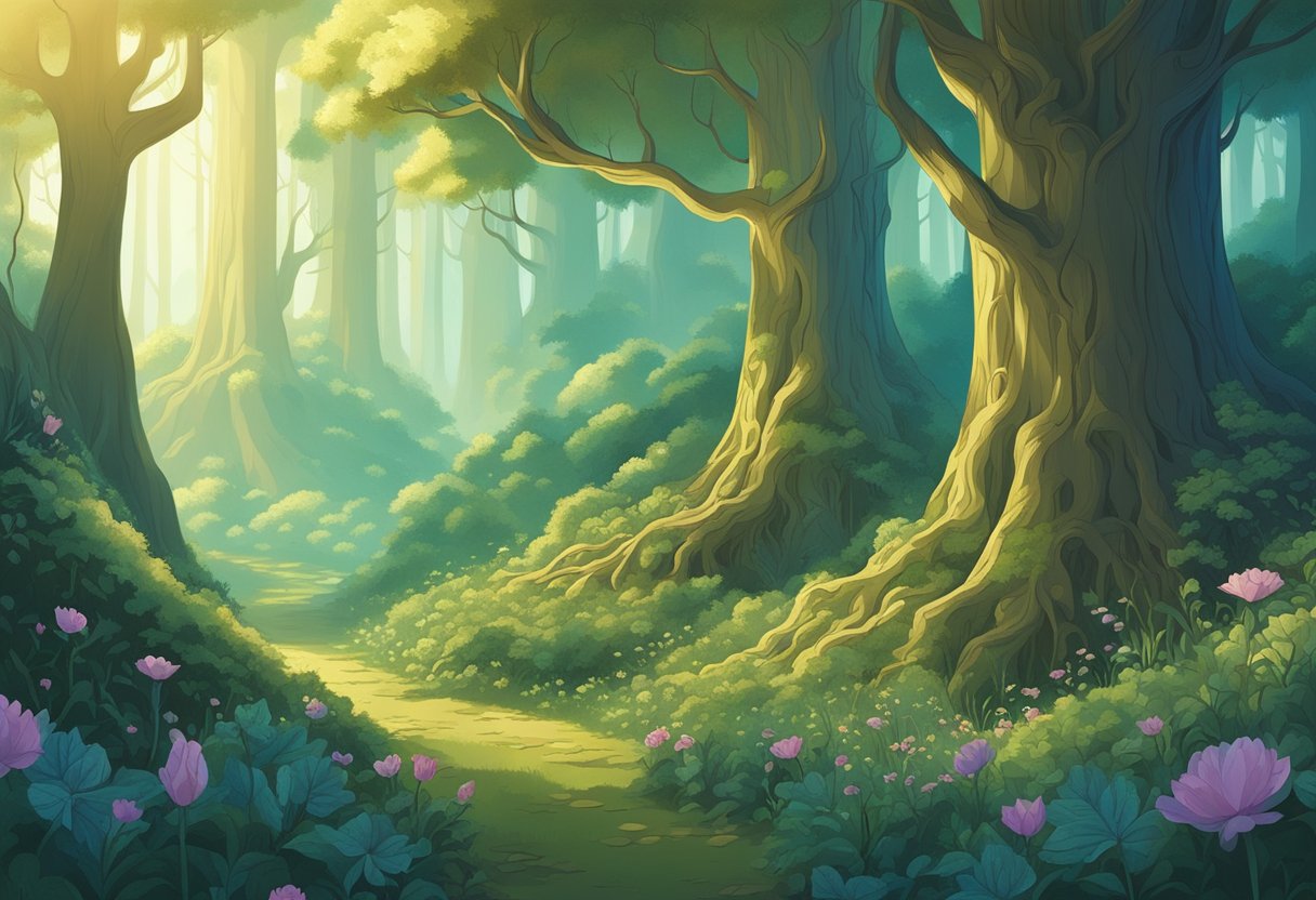 A mystical forest with ancient trees and glowing flowers, inspired by "Lord of the Rings" for baby names