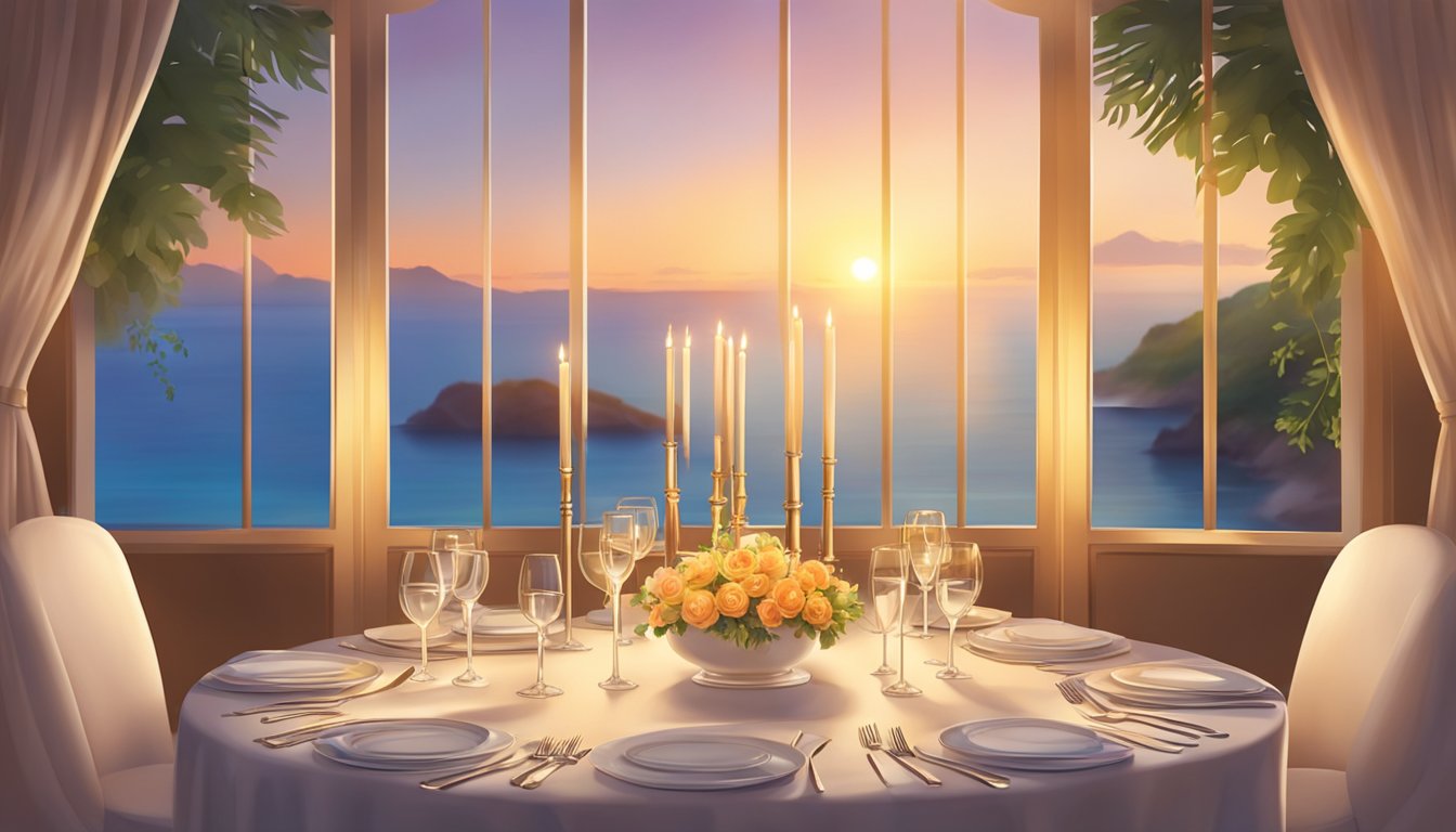 Tables set with elegant place settings, soft lighting, and a view of the sunset over the ocean