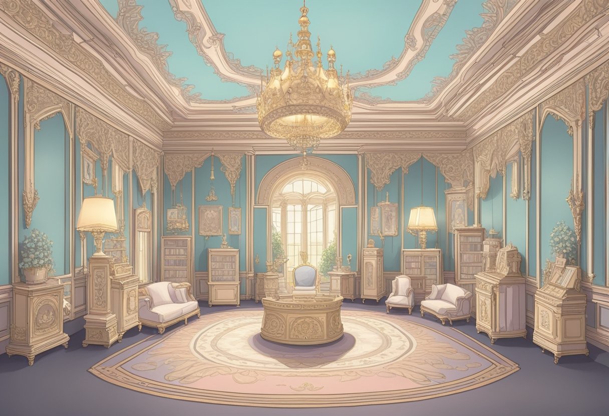 A grand, ornate room filled with elegant baby name books and scrolls, adorned with regal crowns and soft, pastel colors