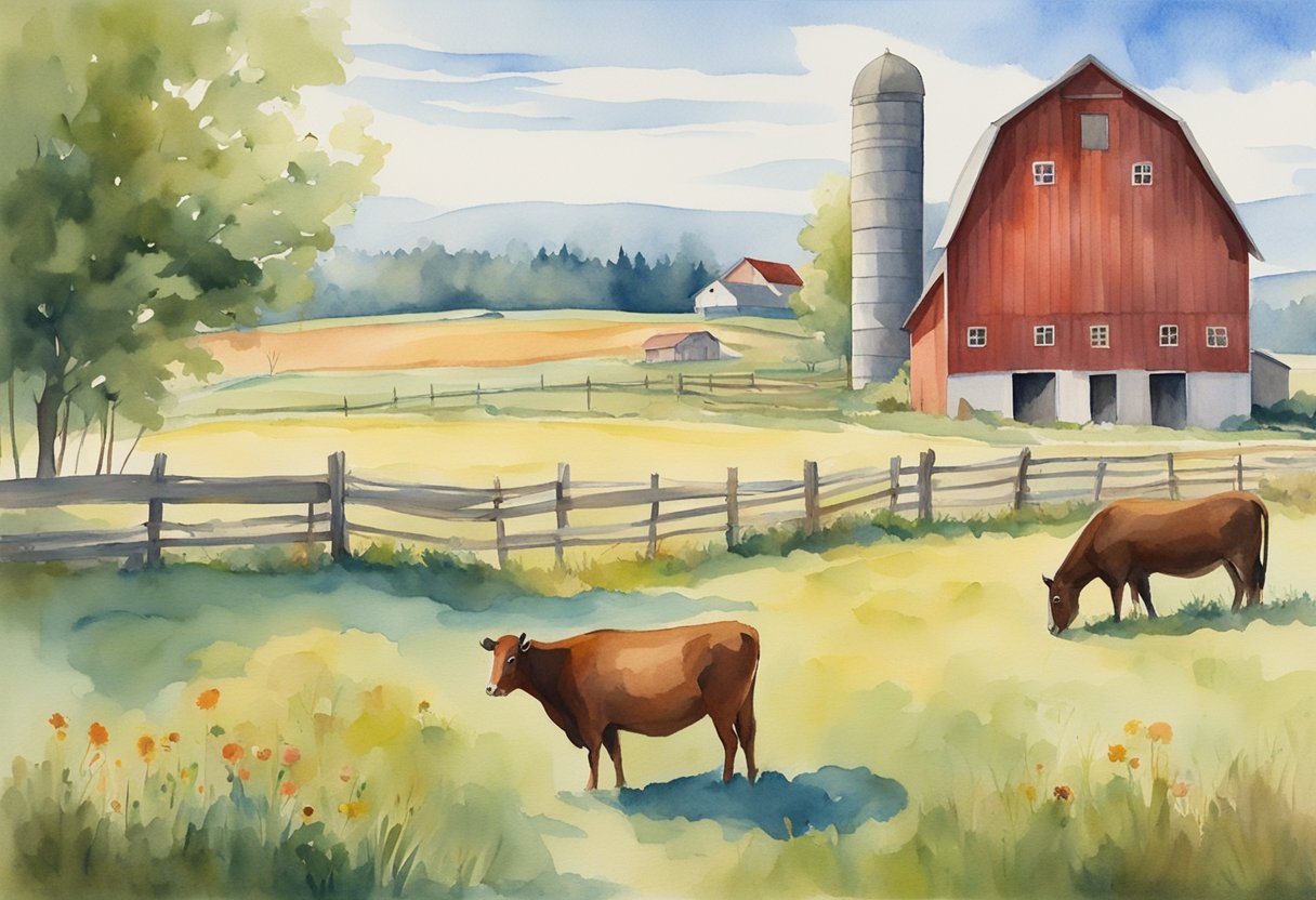 Animals graze near wooden signposts with farm names. A red barn stands in the background under a blue sky