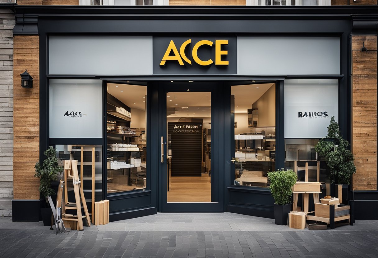 Ace-Men Renovation & Trading Services logo displayed on a storefront with tools and materials stacked outside