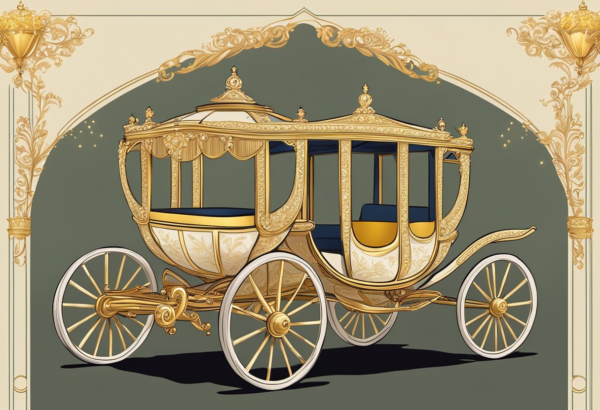A royal carriage adorned with golden trim and colorful banners, carrying a scroll with the words "Good Names princess baby names" in elegant calligraphy