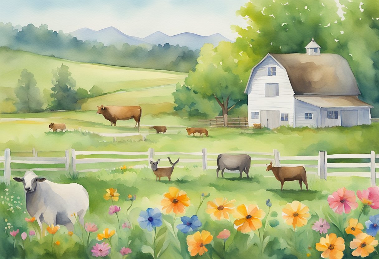 Animals roam in a vibrant, green pasture. A rustic wooden sign reads "Unique Name Farm" with colorful flowers and a charming farmhouse in the background