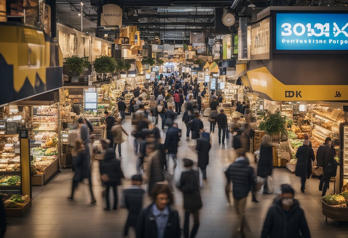 A bustling marketplace with vibrant signs and bustling activity, showcasing excellence in trading and renovation services. Customer information displayed prominently