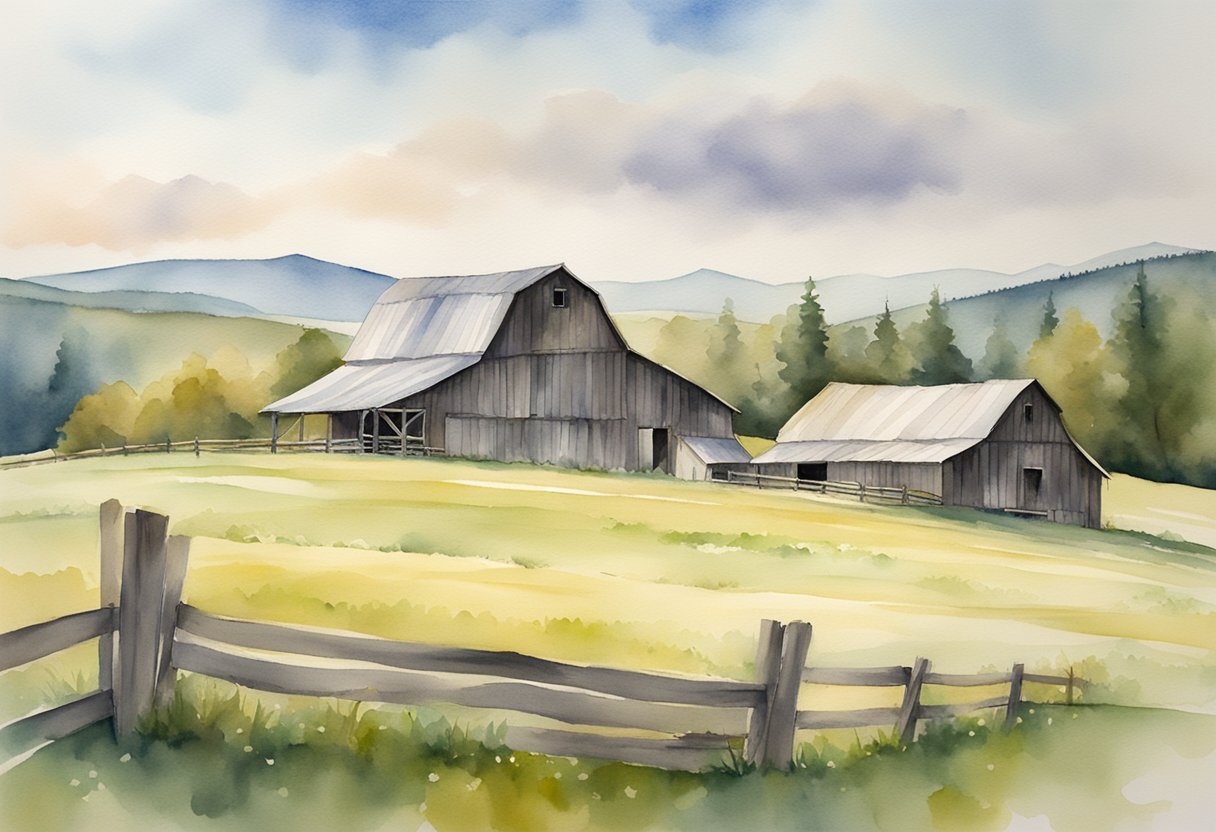 A rustic barn with a weathered sign reading "Whispering Meadows Farm" surrounded by rolling hills and grazing animals