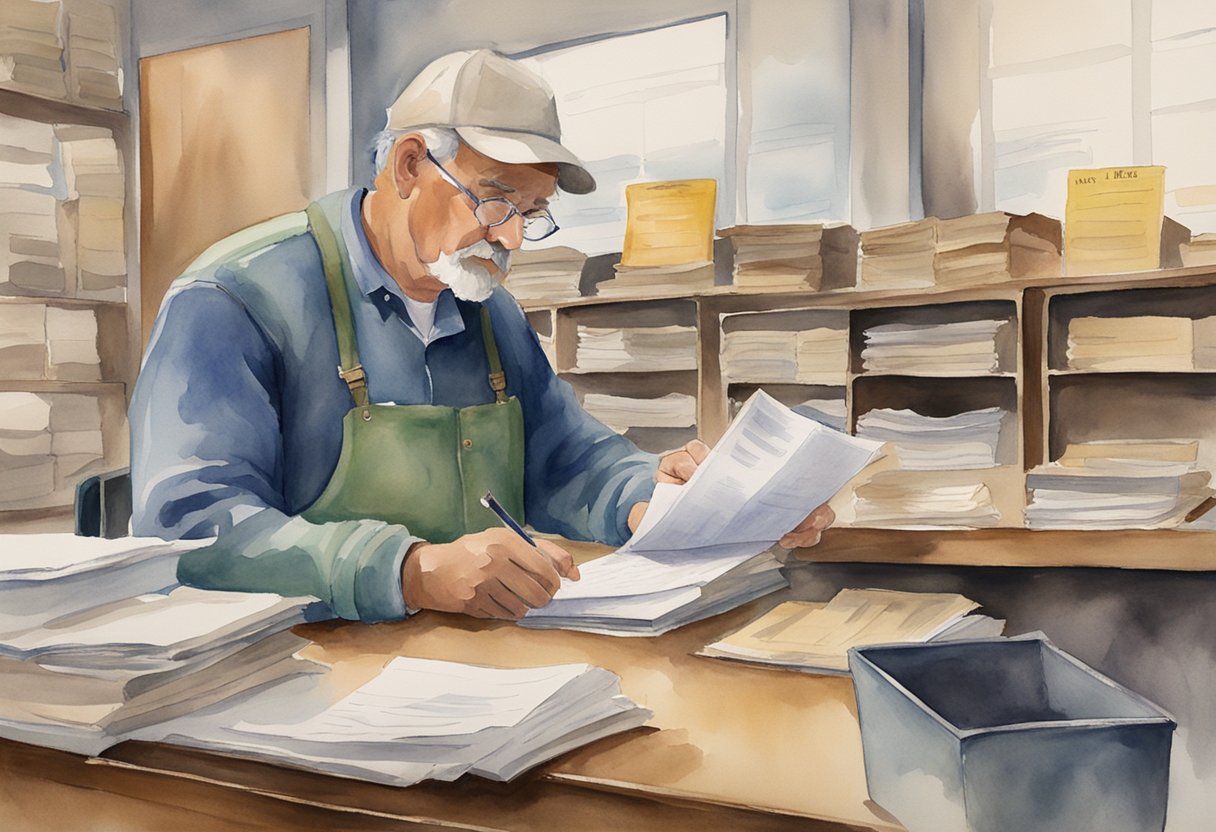 A farmer sits at a desk, filling out paperwork. A sign on the wall reads "Legal Considerations and Registration Farm Names." The farmer is surrounded by files and documents