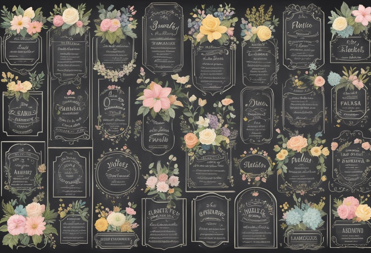 A collection of 40 rare baby names displayed on a vintage-inspired chalkboard, surrounded by delicate floral arrangements and soft, pastel colors