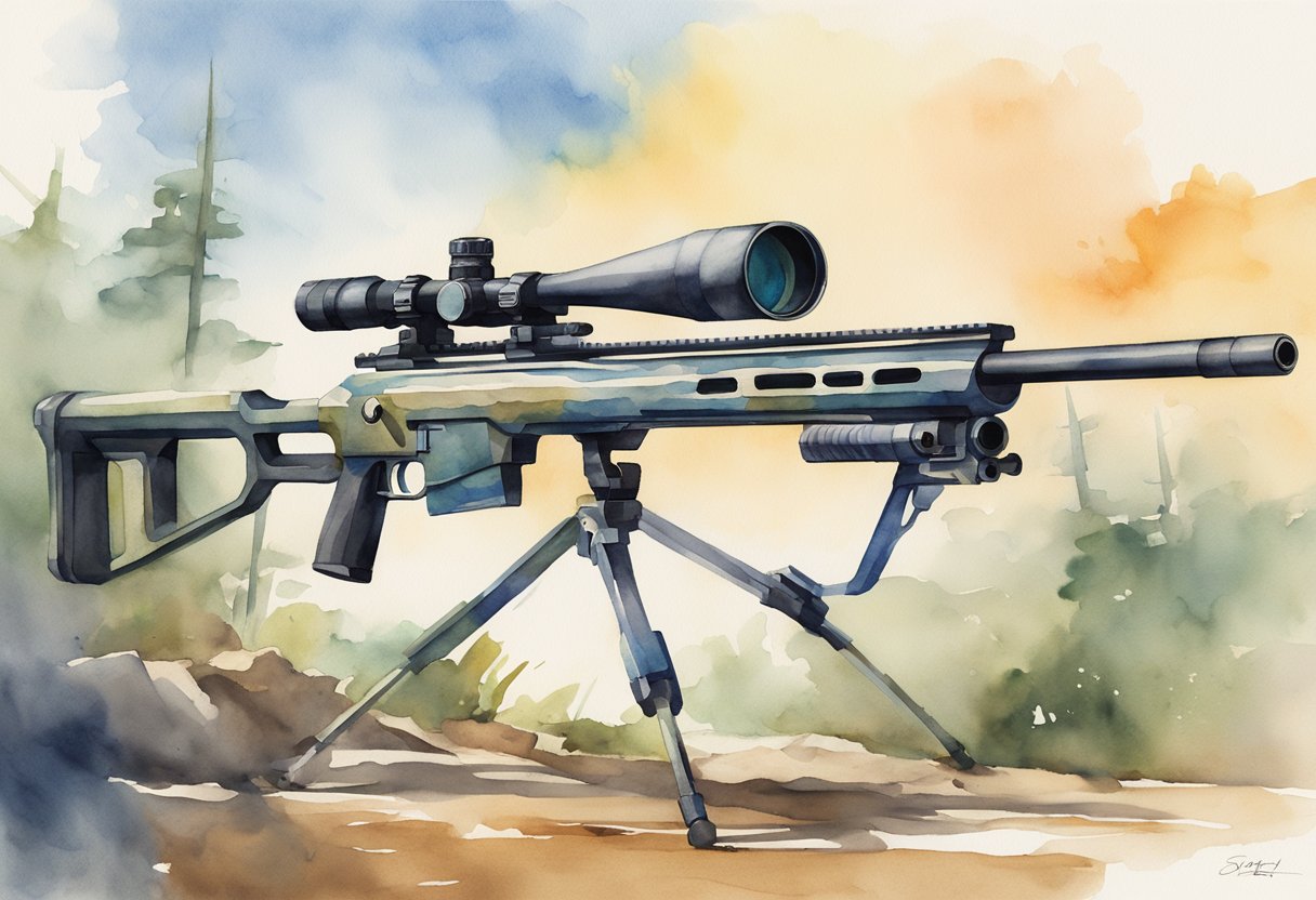 A sleek, modern sniper rifle sits atop a sturdy tripod, positioned for precision aiming. The eBay logo is subtly incorporated into the design of the weapon