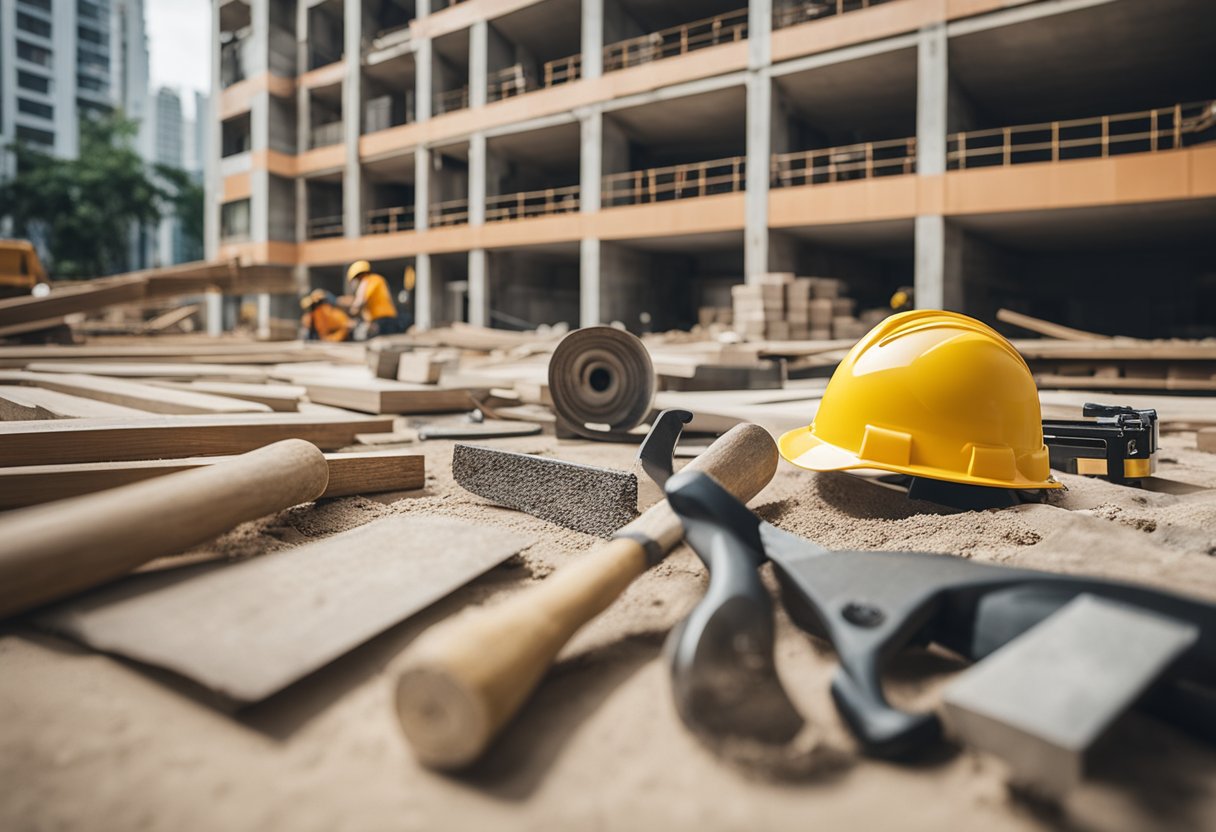 A busy construction site with tools, materials, and workers renovating a building labeled "Yong Hong Seng Renovation Contractor."