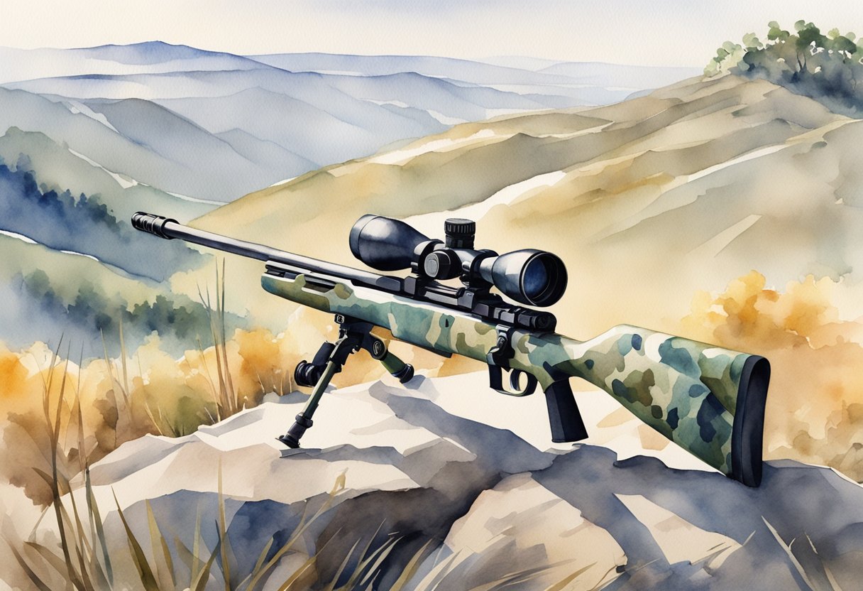 A sniper rifle resting on a sturdy bipod, with a high-powered scope attached. The rifle is camouflaged and positioned on a hill overlooking a vast, open terrain