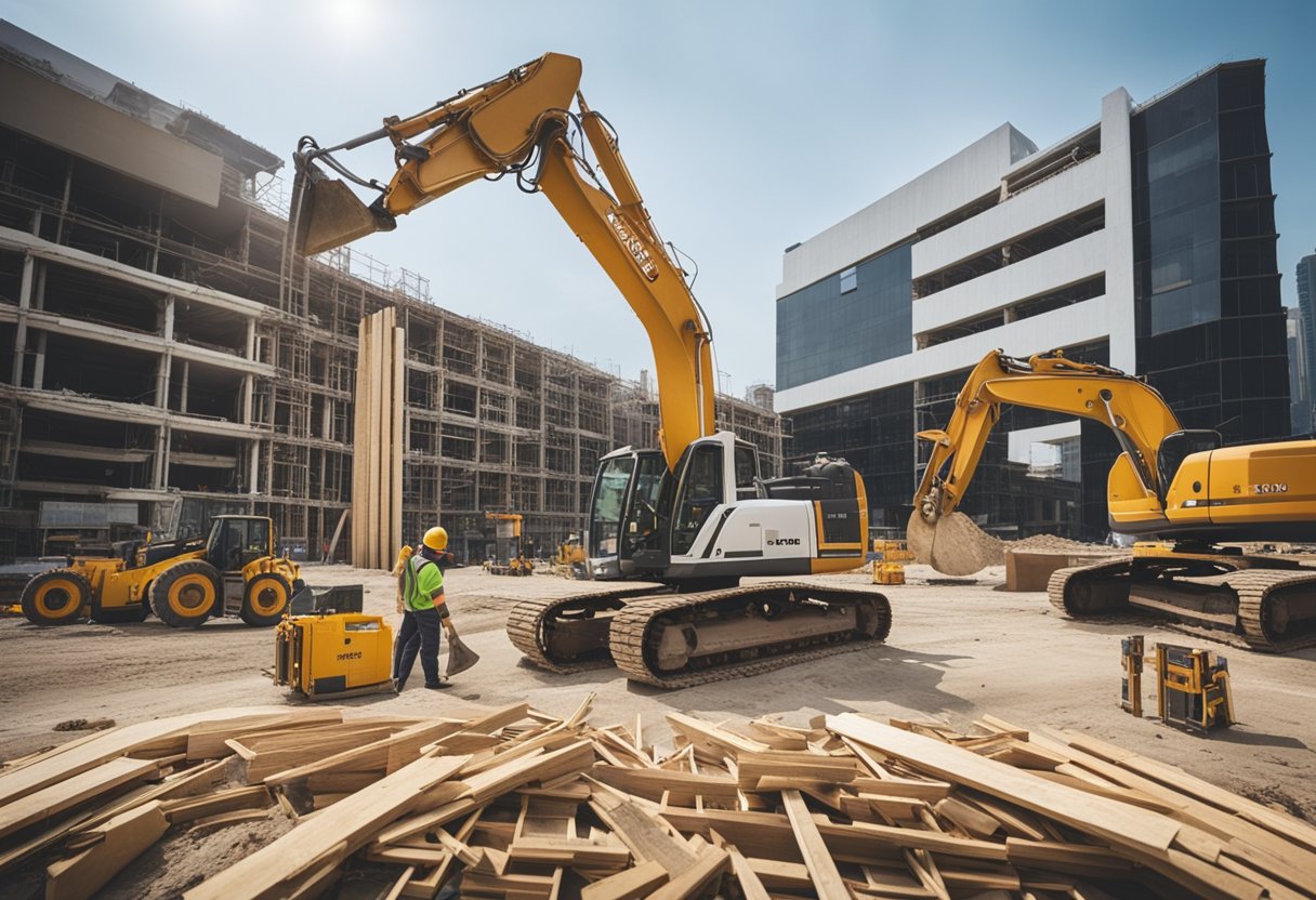 A construction site with workers renovating a building, equipment and materials scattered around, and a sign displaying "Yong Hong Seng Renovation Contractor."