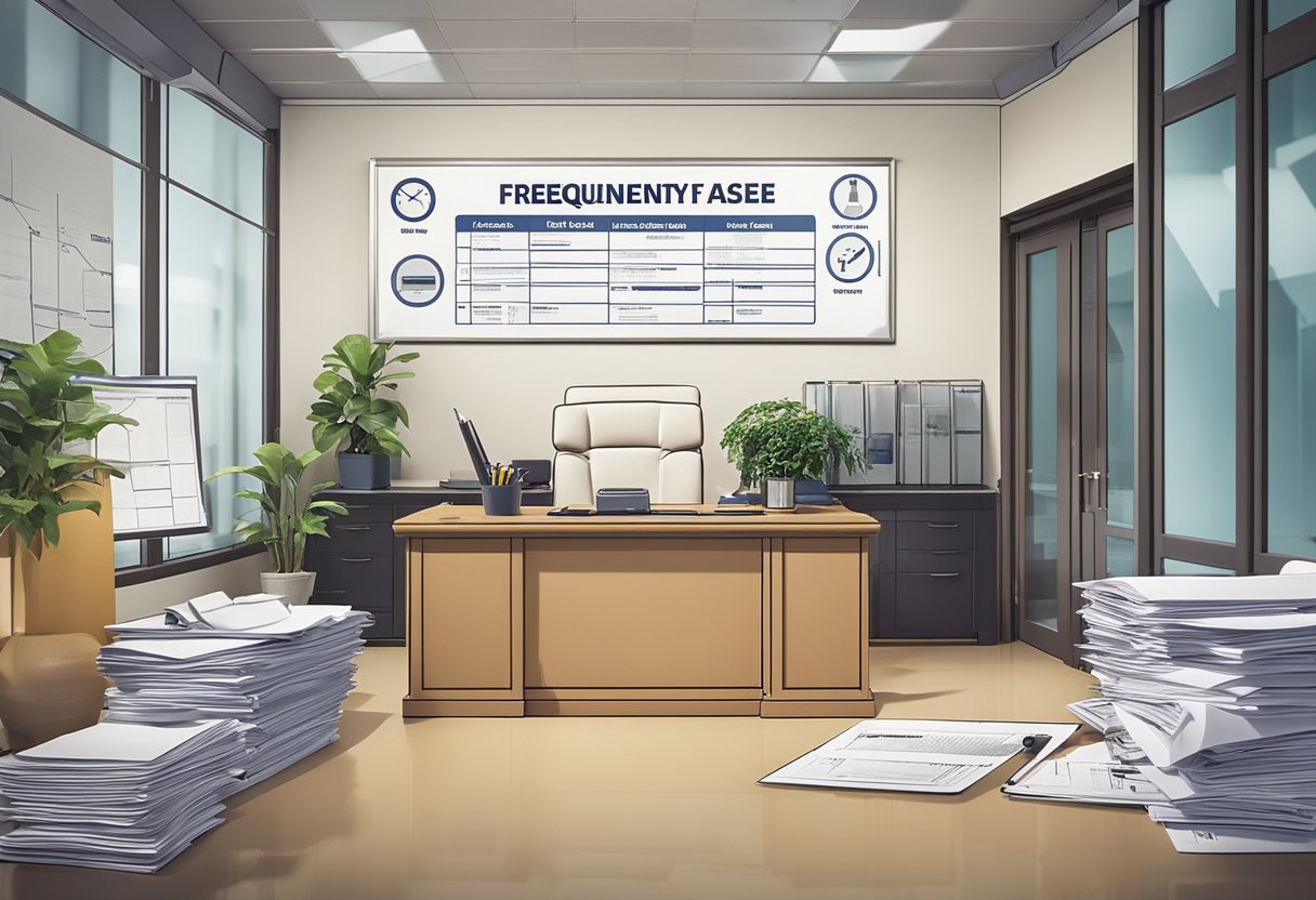 A busy office with a sign "Frequently Asked Questions yong hong seng renovation contractor" on the door. Blueprints and tools scattered on the desk