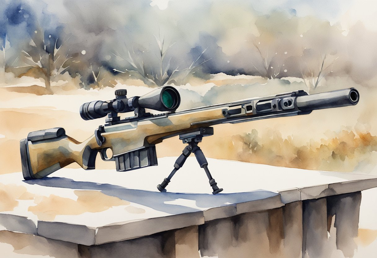 A sniper rifle positioned on a sturdy surface, with a scope adjusted for long-range accuracy. The surrounding environment is depicted with minimal detail, focusing on the precision of the equipment