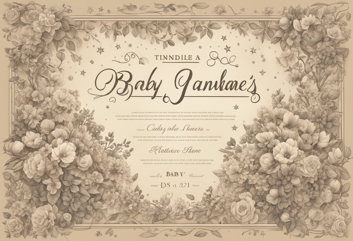 A collection of unique, enchanting baby names displayed on a vintage scroll, surrounded by delicate flowers and twinkling stars