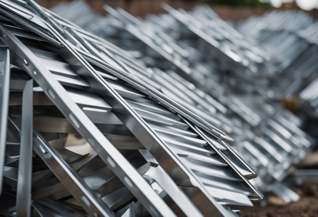 An armada of aluminum construction materials scattered across a renovation site