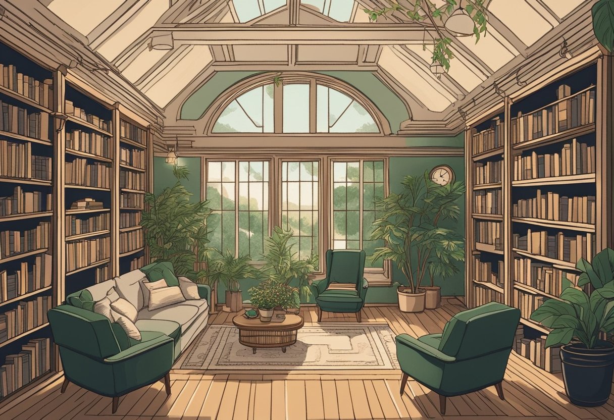 A cozy library with vintage books and a warm fireplace, surrounded by lush green plants and soft lighting
