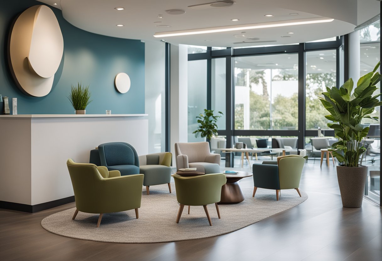 A modern chiropractic office with calming colors, ergonomic furniture, and natural light streaming in through large windows. A reception area with comfortable seating and a water feature creates a welcoming atmosphere