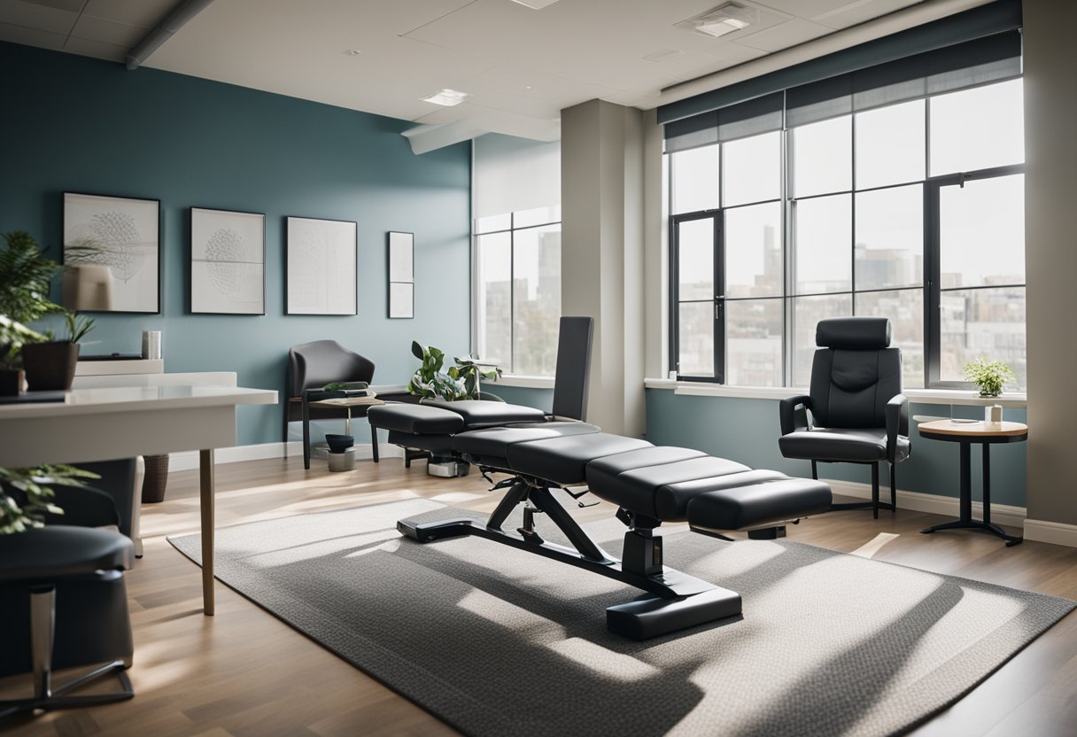A modern chiropractic office with sleek furniture, calming colors, and natural light streaming in through large windows. The space is organized and inviting, with a focus on comfort and relaxation