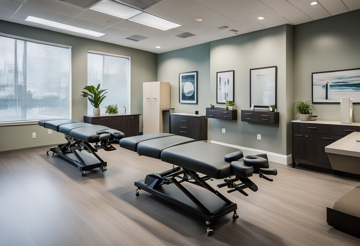 A modern chiropractic office with sleek furniture, calming colors, and natural light. Treatment tables are neatly arranged, and the space exudes a sense of comfort and professionalism