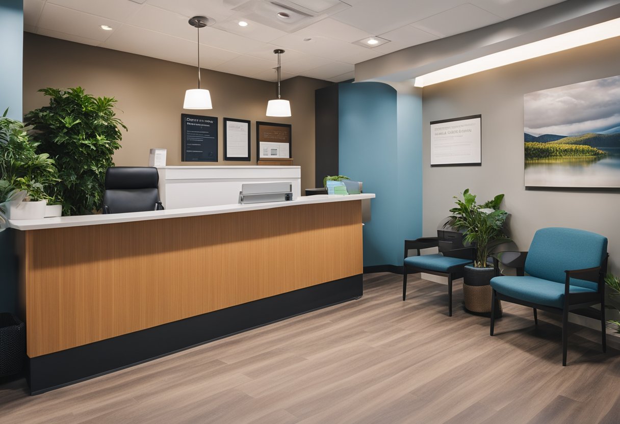 A modern chiropractic office with comfortable seating, natural light, and calming colors. A reception desk with a friendly staff member and a waiting area with educational materials for patients