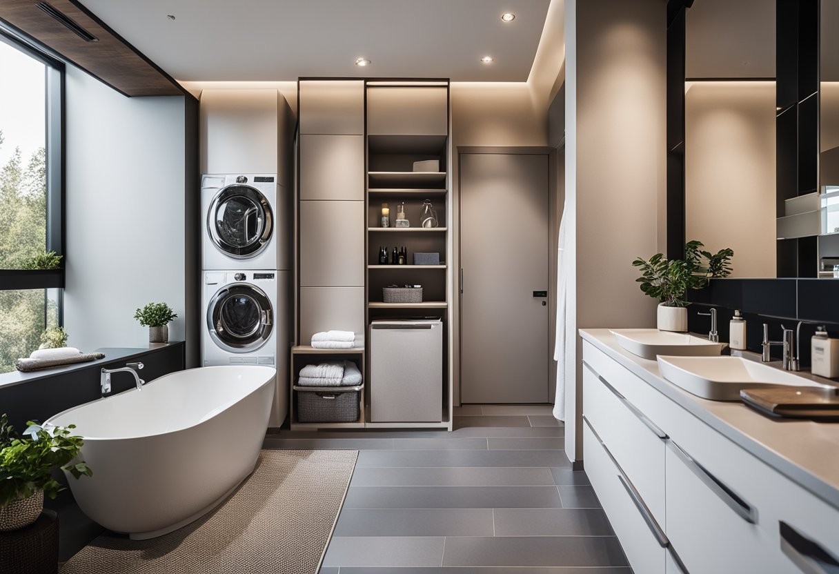 A bathroom with modern fixtures and a separate laundry area with sleek appliances and storage