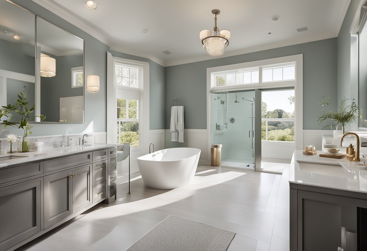 A spacious, modern bathroom with a freestanding tub, double vanity, and walk-in shower. The color scheme is light and airy, with elegant fixtures and plenty of natural light