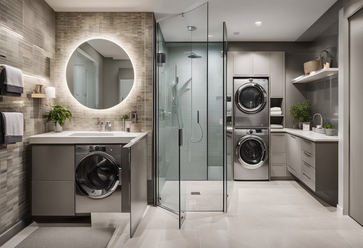 A modern bathroom with sleek tiles, chrome fixtures, and a glass-enclosed shower. A laundry area with a front-loading washer and dryer, storage cabinets, and a folding counter