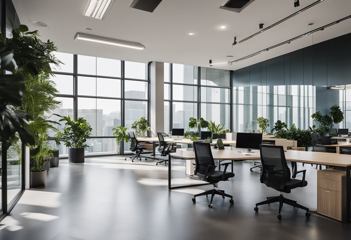 A modern office with sleek furniture, open layout, and natural lighting. Glass walls, plants, and minimalist decor create a clean, professional atmosphere