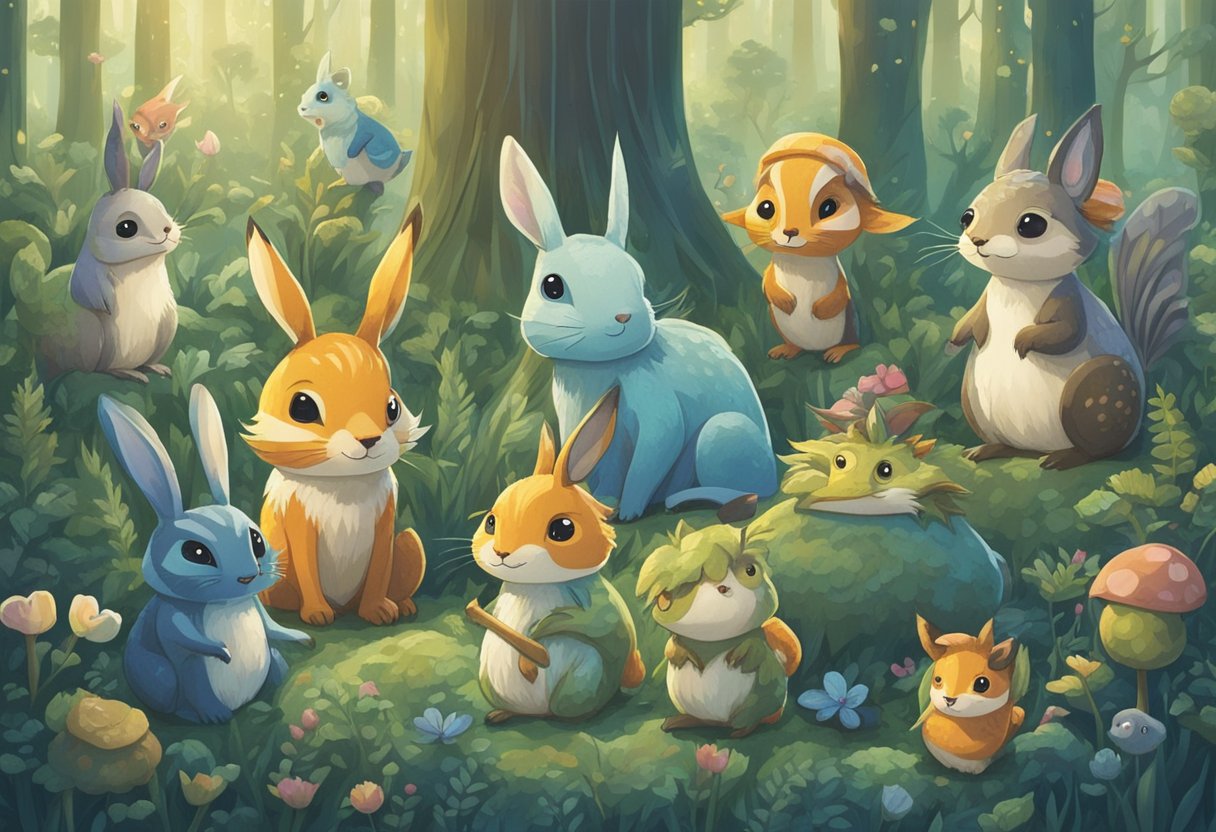 A group of adorable creatures gather in a whimsical forest, each with a unique name tag. The scene is filled with magical charm and a sense of wonder