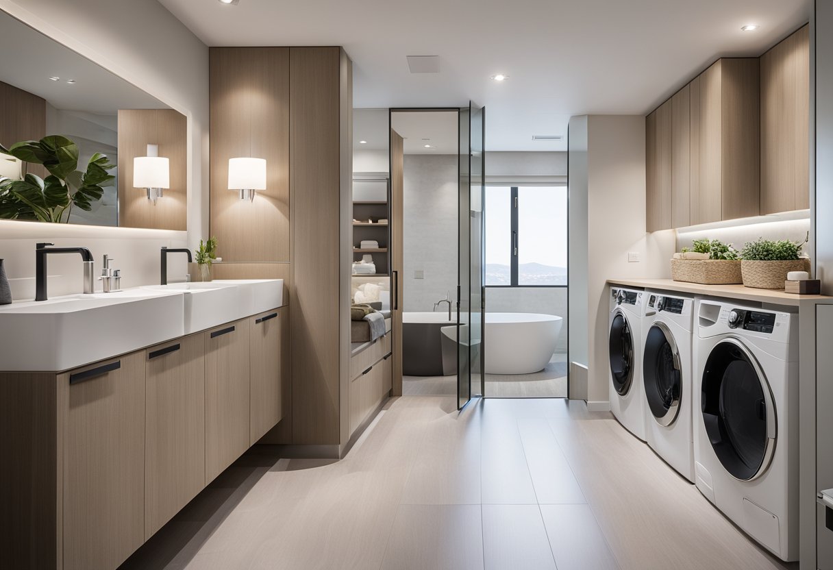 A bathroom and laundry room merged into one space, with modern fixtures and a sleek design. The room is well-lit and spacious, with a clean and organized layout