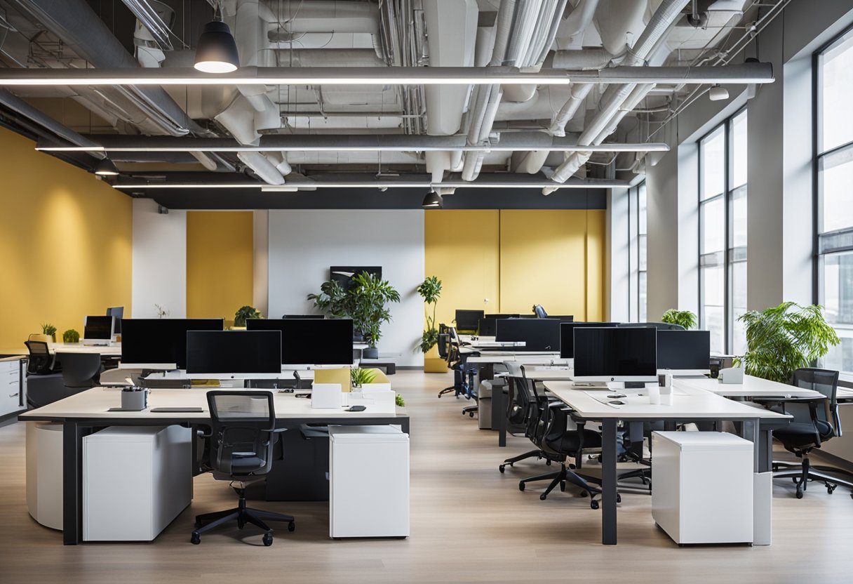 An open, airy office space with flexible workstations, collaborative areas, and natural light. Modern furniture and technology integrate seamlessly for a productive and innovative environment