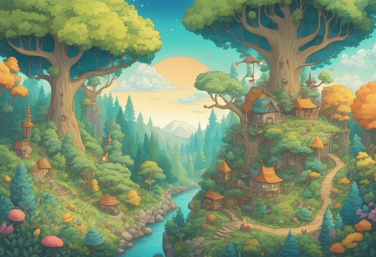 A whimsical forest with colorful creatures and enchanting scenery, inspired by the magical world of Ghibli baby names