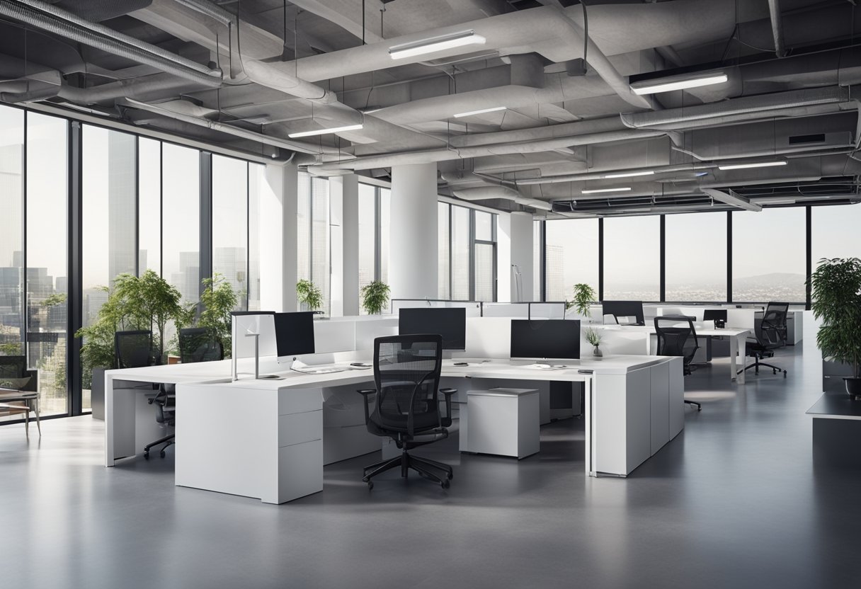 Sleek, open-plan office with modern furniture, glass partitions, and abundant natural light. Clean lines and minimalistic decor create a spacious, professional atmosphere