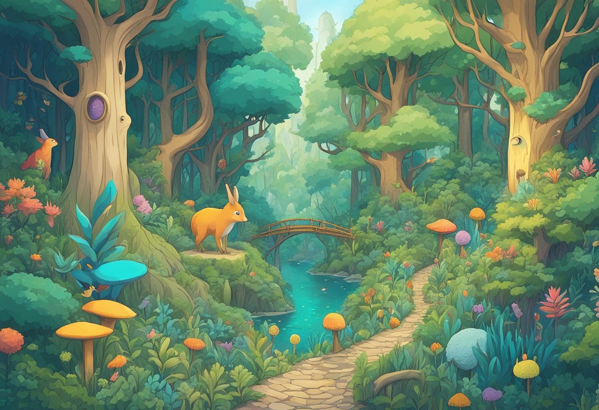 A whimsical forest with colorful creatures and magical plants, inspired by Ghibli films