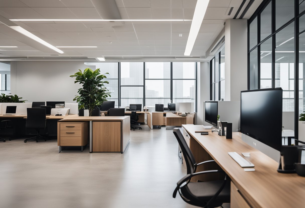 A modern office with sleek furniture, open floor plan, and natural lighting. Clean lines, neutral colors, and a minimalist aesthetic