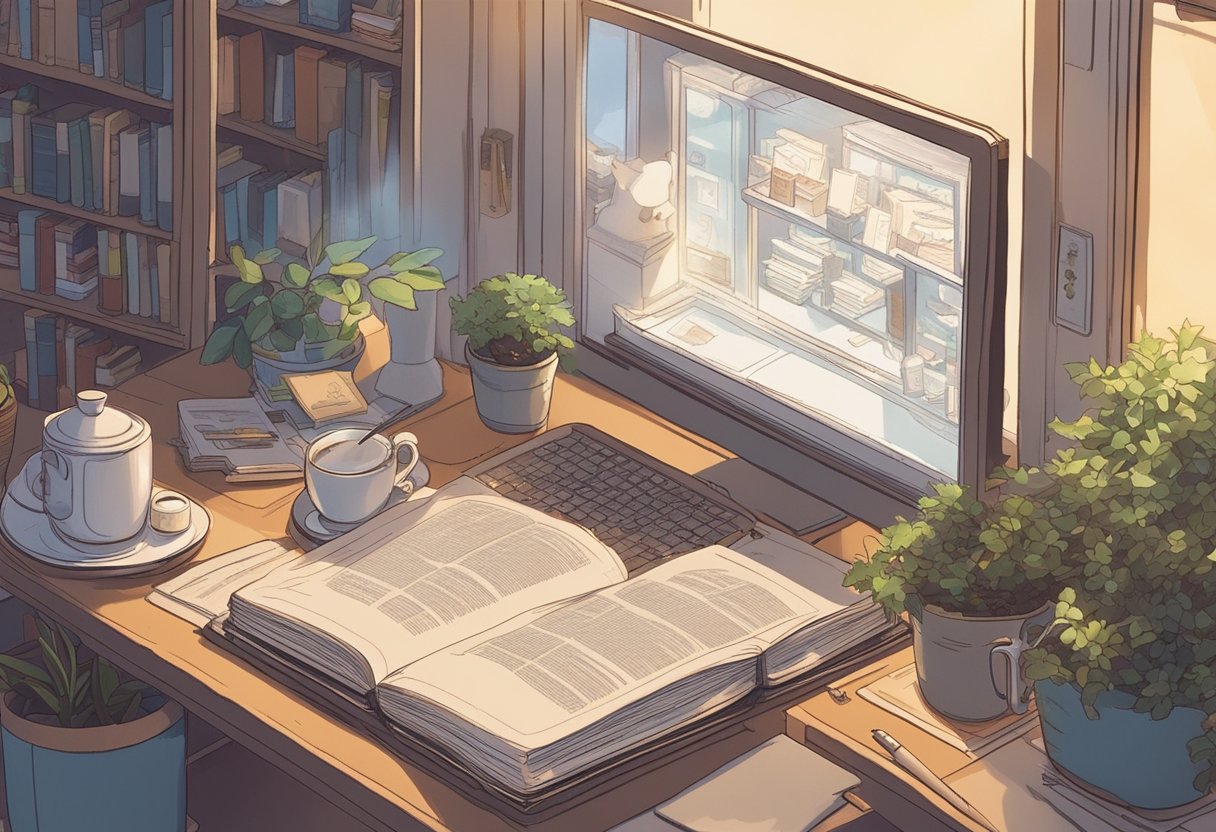 A cozy study with a desk covered in baby name books, a computer open to a website on Ghibli names, and a cup of tea steaming nearby