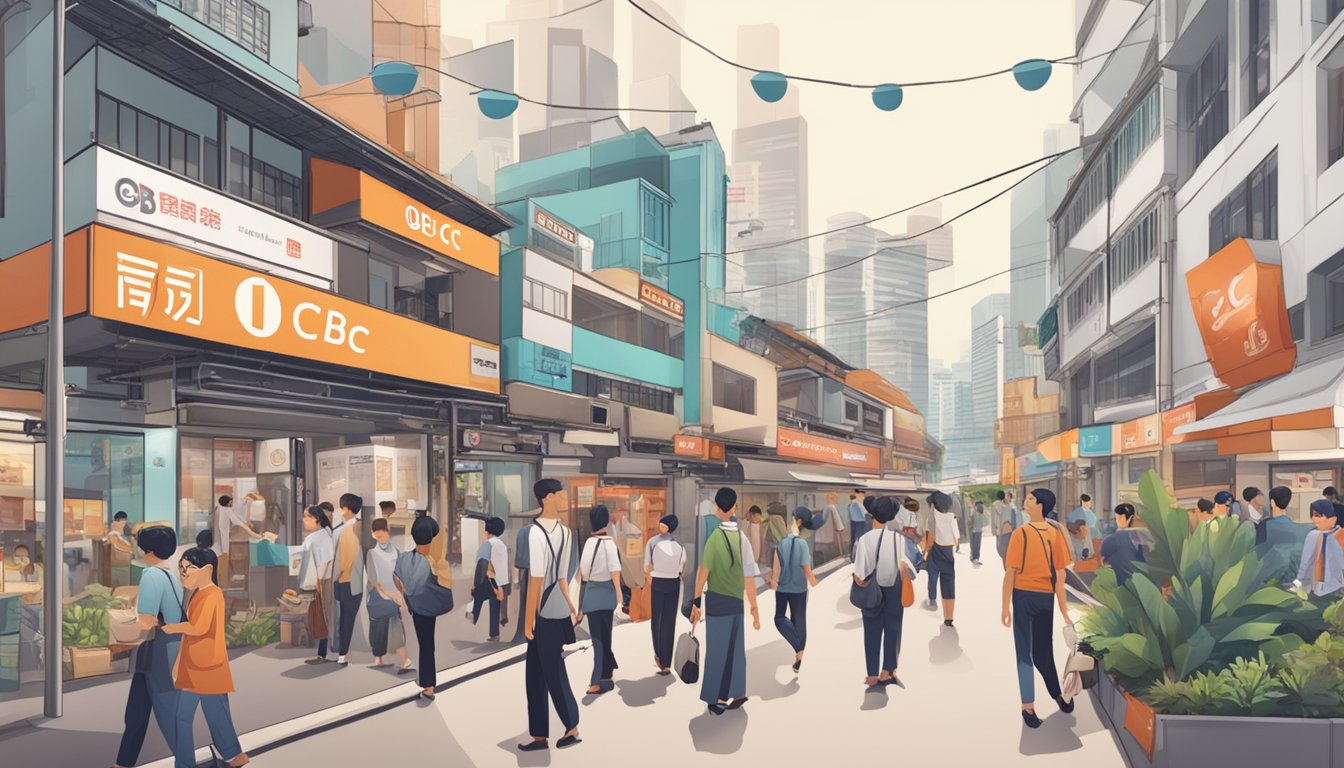 A bustling Singapore street with diverse self-employed workers and entrepreneurs managing their variable incomes, with an OCBC EasiCredit sign prominently displayed