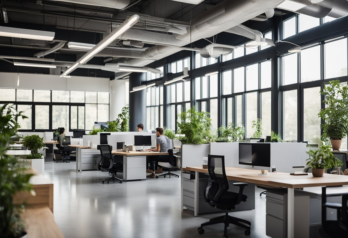 A spacious open office with natural light, flexible seating, and greenery. Collaborative workspaces, standing desks, and technology integration. Clean lines and minimalist design