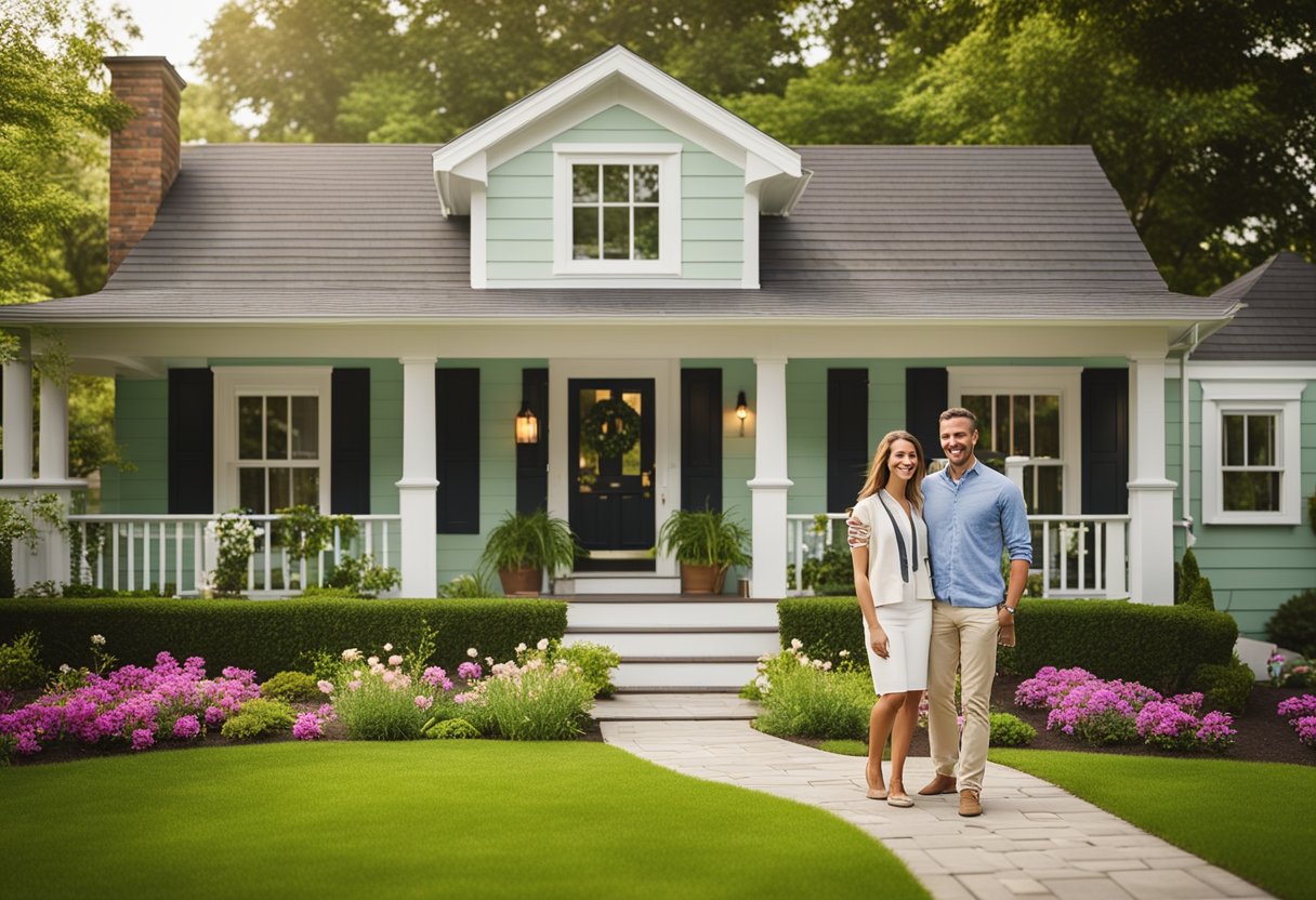 A couple stands in front of their newly renovated home, smiling as they admire the modern upgrades. The house features a fresh coat of paint, new windows, and a beautiful front door. The landscaping is pristine, with a lush green lawn and vibrant flowers