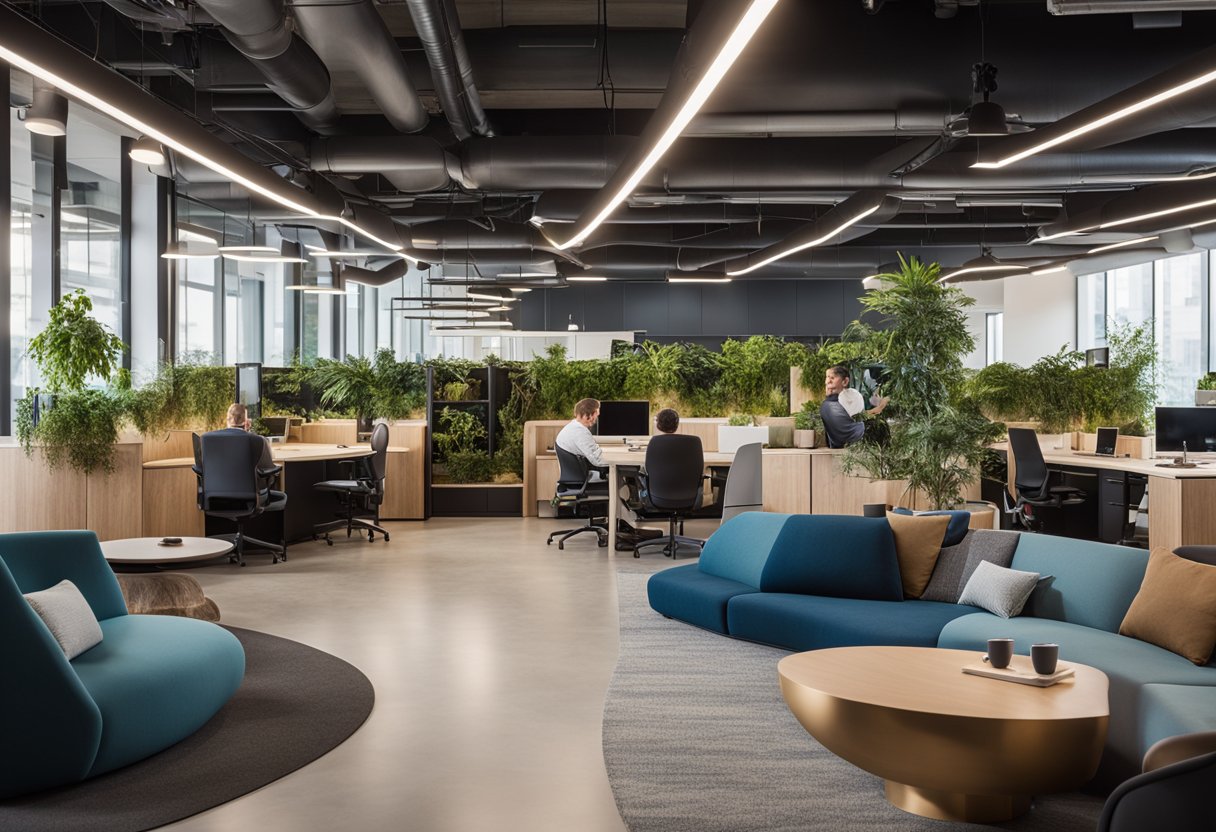 Open floor plan with flexible seating, natural light, and greenery. Collaborative workspaces, private pods, and touchless technology. Integration of virtual and physical environments