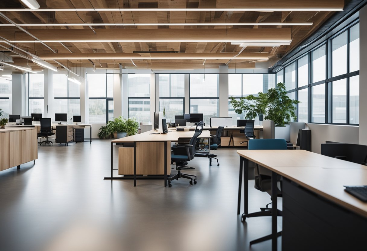 A spacious, open-concept office with natural light, flexible workstations, and collaborative areas. Biophilic elements and modern technology create a comfortable and productive environment