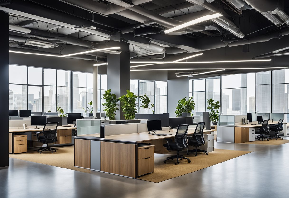 A modern office space with open floor plan, collaborative work areas, and natural light. High-tech amenities and flexible furniture arrangements cater to diverse work styles