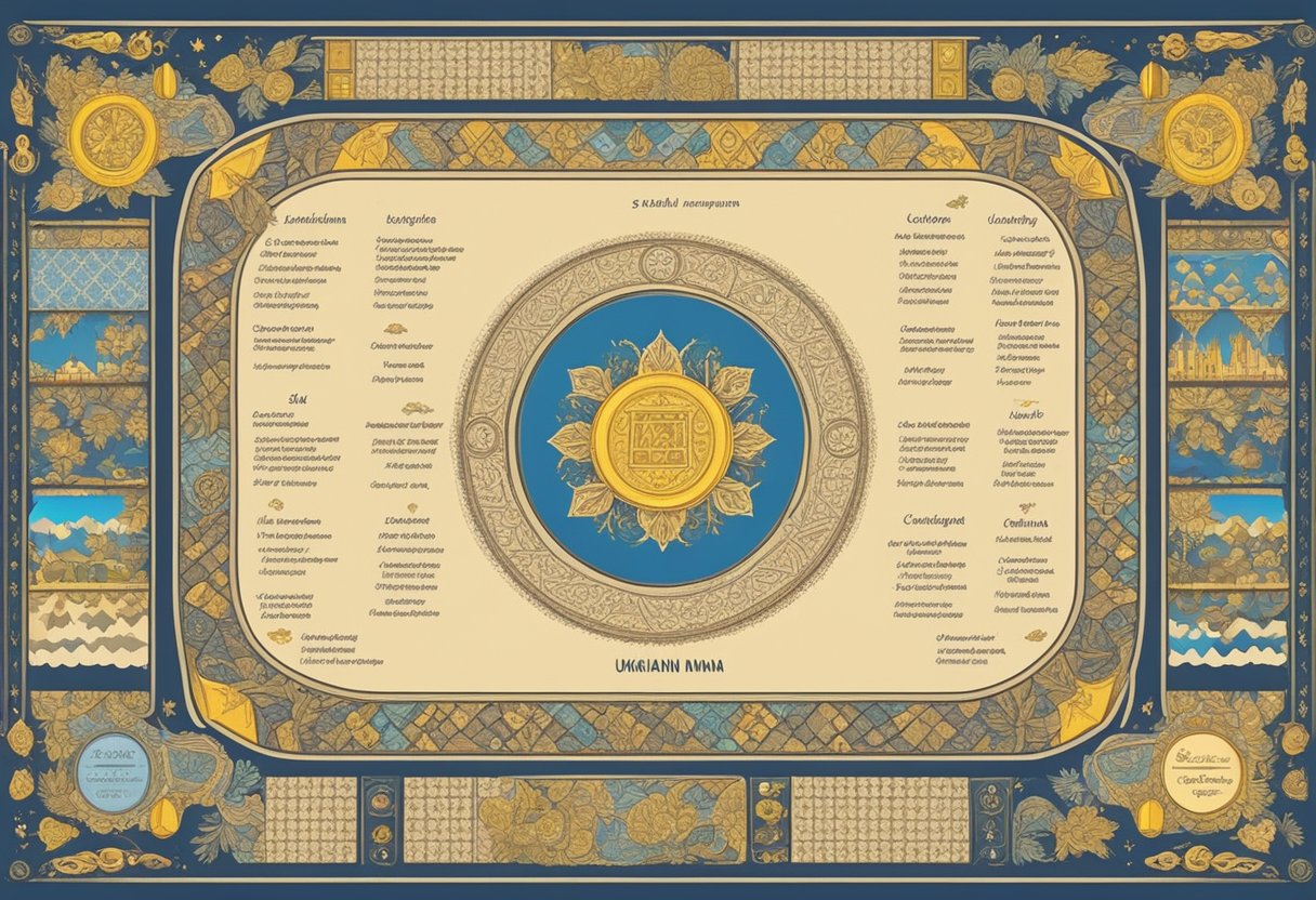 A table with a list of Ukrainian baby names, surrounded by traditional Ukrainian symbols and patterns