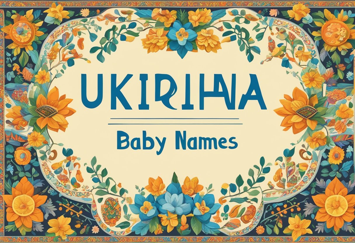 A colorful array of traditional Ukrainian symbols and patterns, including intricate embroidery and folk art, surround the words "Best Names Ukrainian Baby Names."