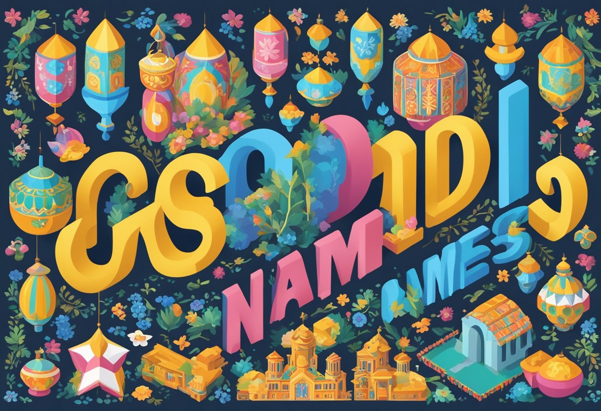 A colorful array of Ukrainian symbols and traditional motifs surround the words "Good Names Ukrainian Baby Names" in bold, decorative lettering