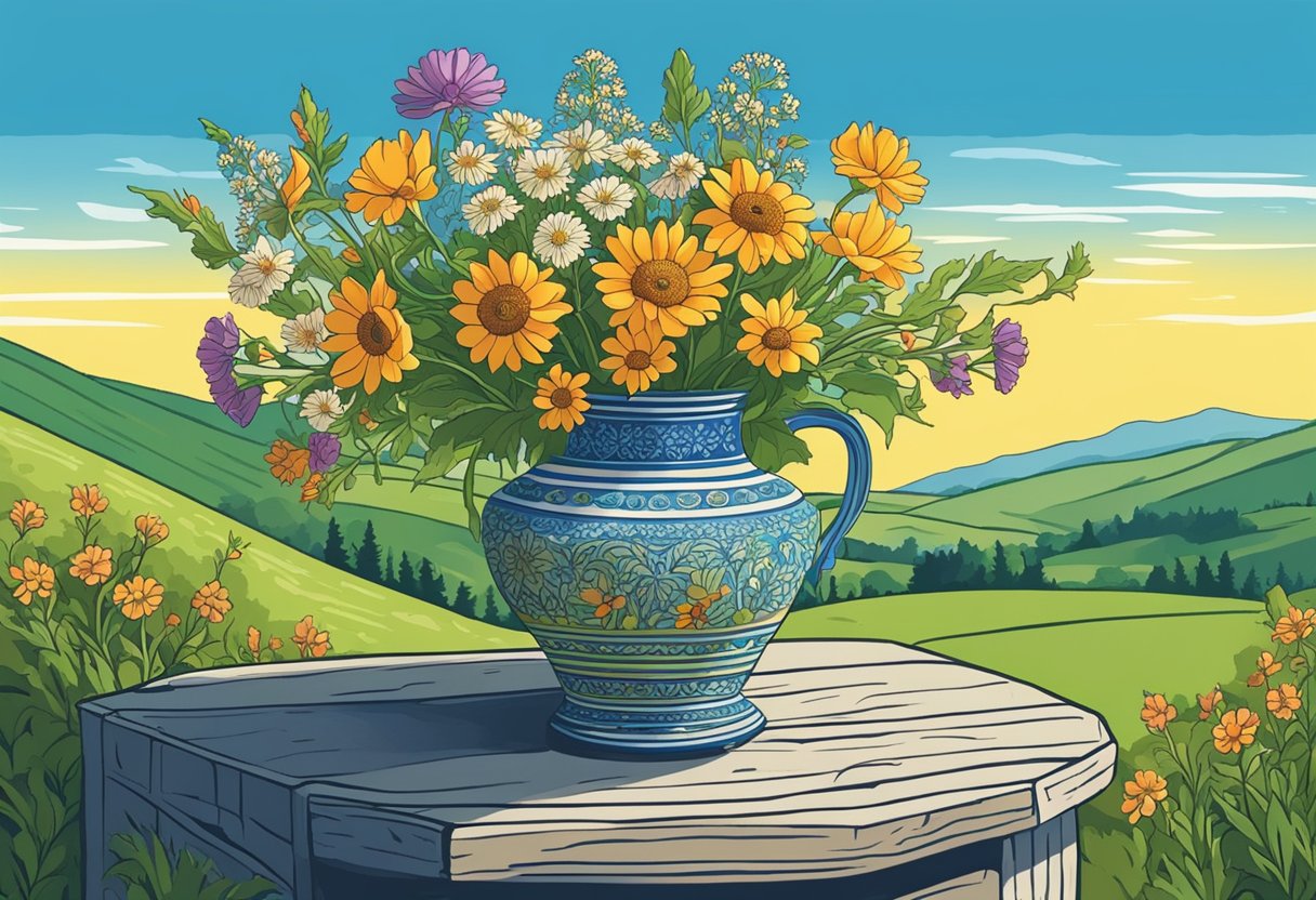 A colorful bouquet of wildflowers in a traditional Ukrainian vase, with a background of rolling green hills and a clear blue sky