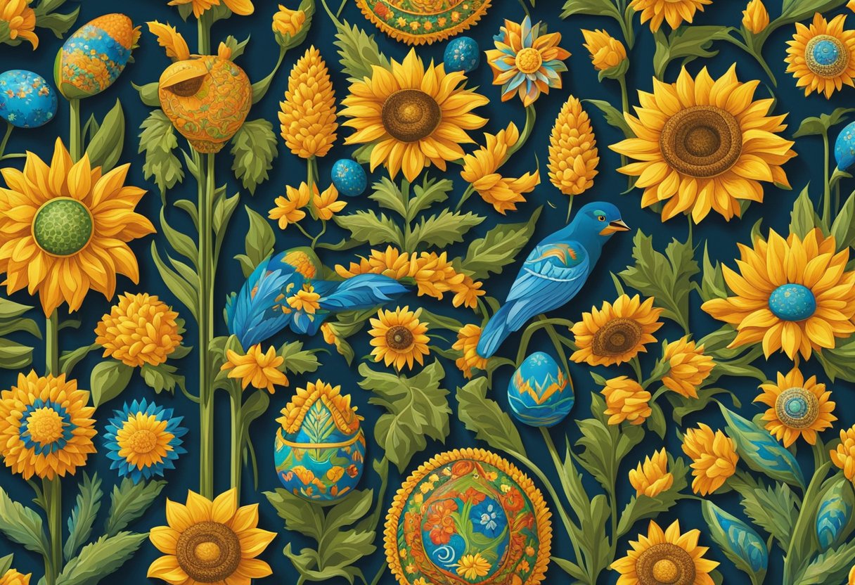 A colorful array of traditional Ukrainian symbols and motifs, such as wheat sheaves, sunflowers, and pysanky eggs, arranged in a vibrant and lively pattern