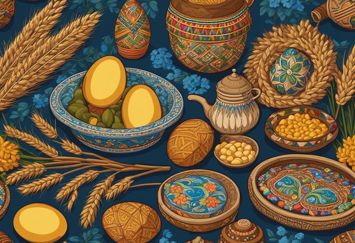 A colorful array of Ukrainian cultural symbols and traditional items, such as pysanky eggs, wheat sheaves, and embroidered clothing, are arranged on a table