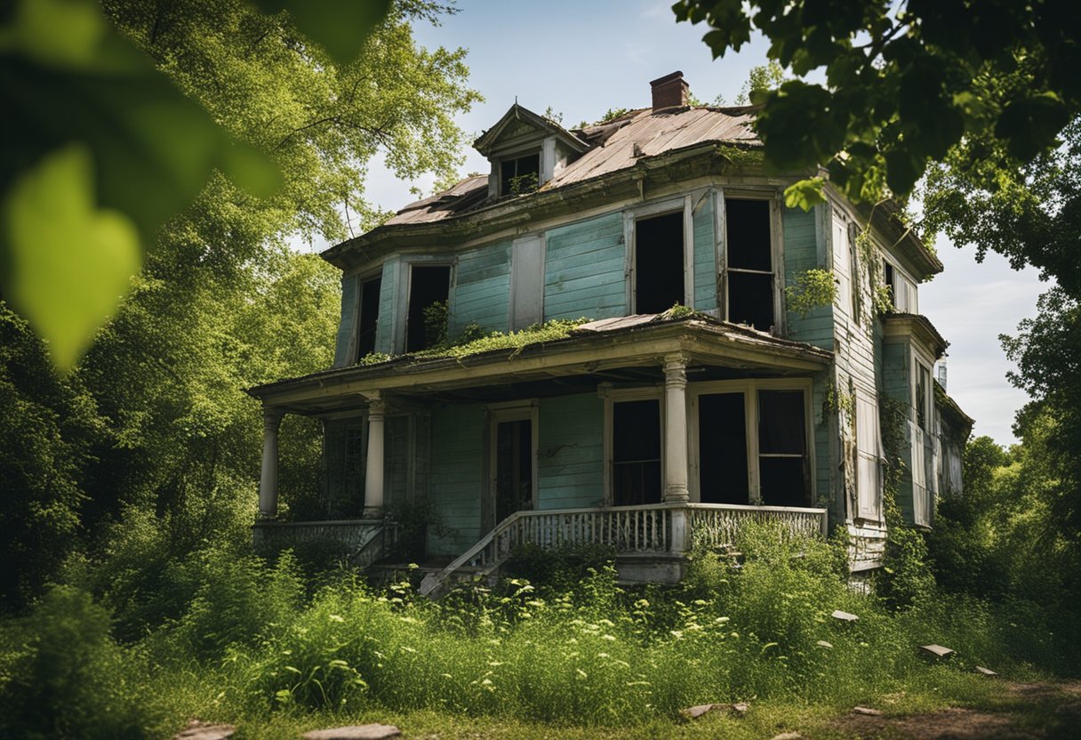 A dilapidated house with overgrown yard, peeling paint, and broken windows. Nearby amenities and potential for resale evident